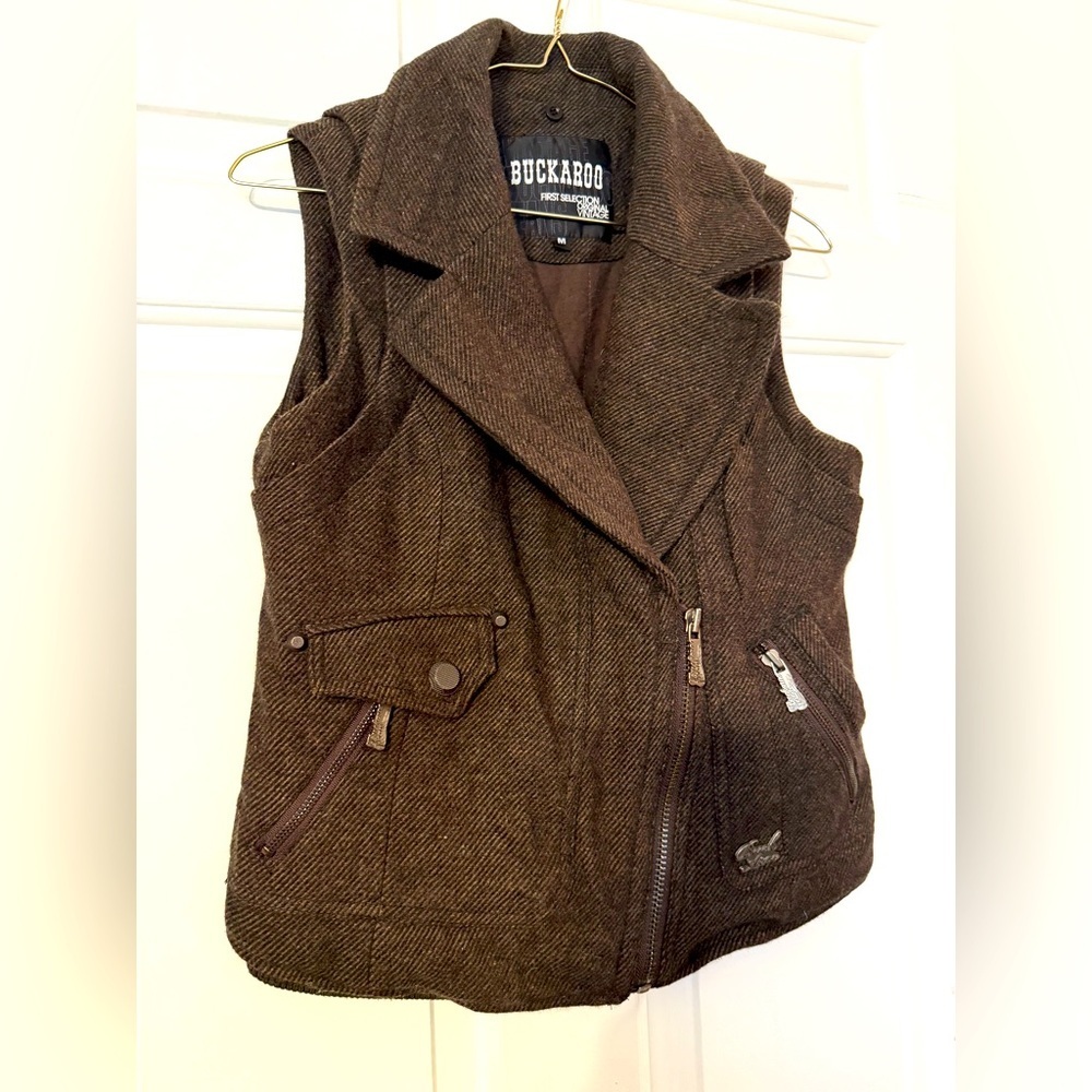 Buckaroo Jeans MEDIUM Vintage Wool Vest Brown Collared Zip Asymmetrical Western